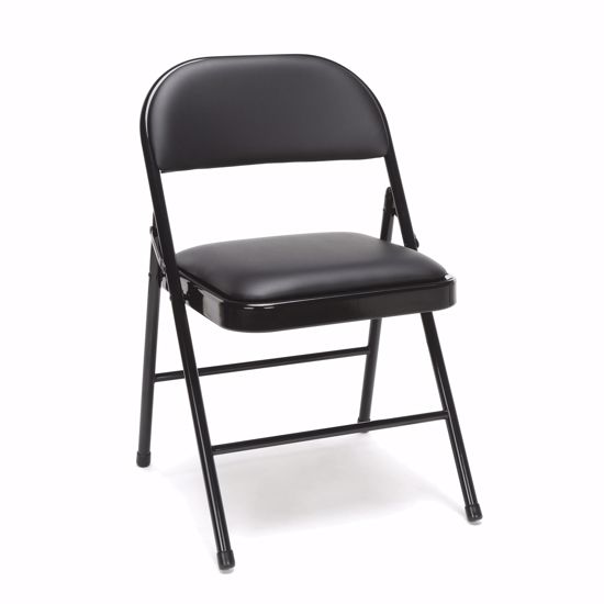 black folding chair with cushion