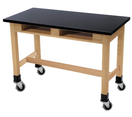 Picture of NPS® Wood Science Lab Table, 24 x 48 x 30, Chemical Resistant Top, Book Compartments and Casters