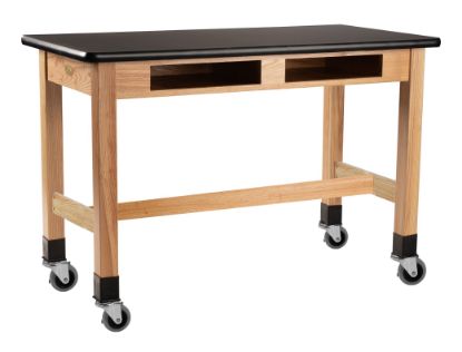 Picture of NPS® Wood Science Lab Table, 24 x 48 x 30, HPL Top, Book Compartments and Casters