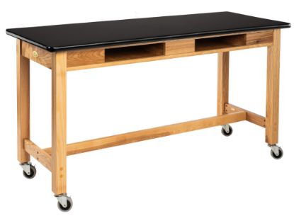 Picture of NPS® Wood Science Lab Table, 24 x 48 x 36, HPL Top, Book Compartments and Casters