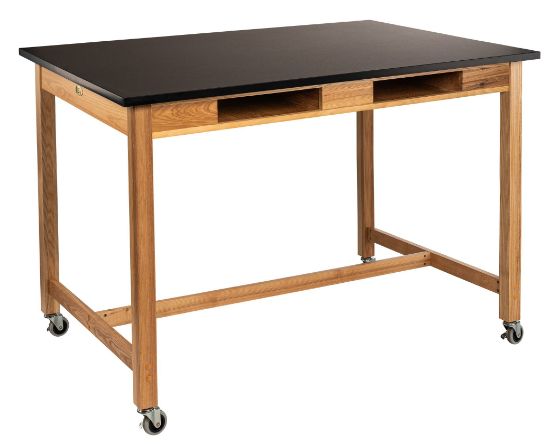 Picture of NPS® Wood Science Lab Table, 42 x 60 x 36, Chemical Resistant Top, Book Compartments and Casters