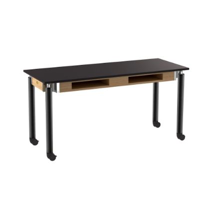 Picture of NPS® Signature Science Lab Table, Black, 24 x 60, Chemical Resistant Top, Book Compartments and Casters