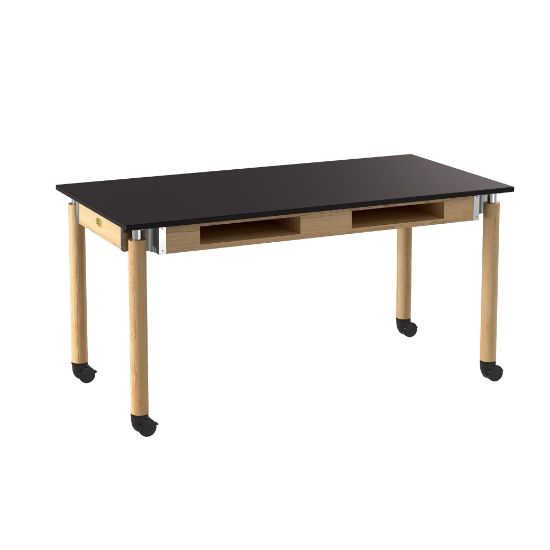 Picture of NPS® Signature Science Lab Table, Oak, 30 x 60, Chemical Resistant Top, Book Compartments and Casters